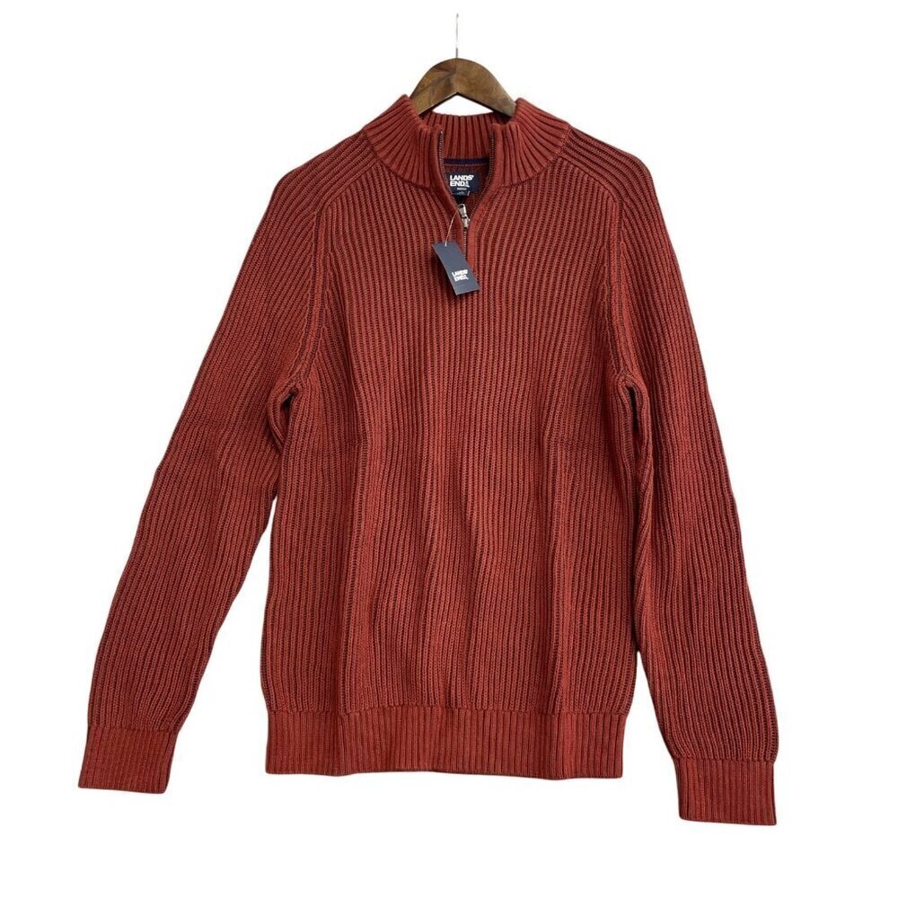 NEW Lands’ End Men’s M Ribbed Knit Sweater Mock neck Red Rust 100% Cotton i144